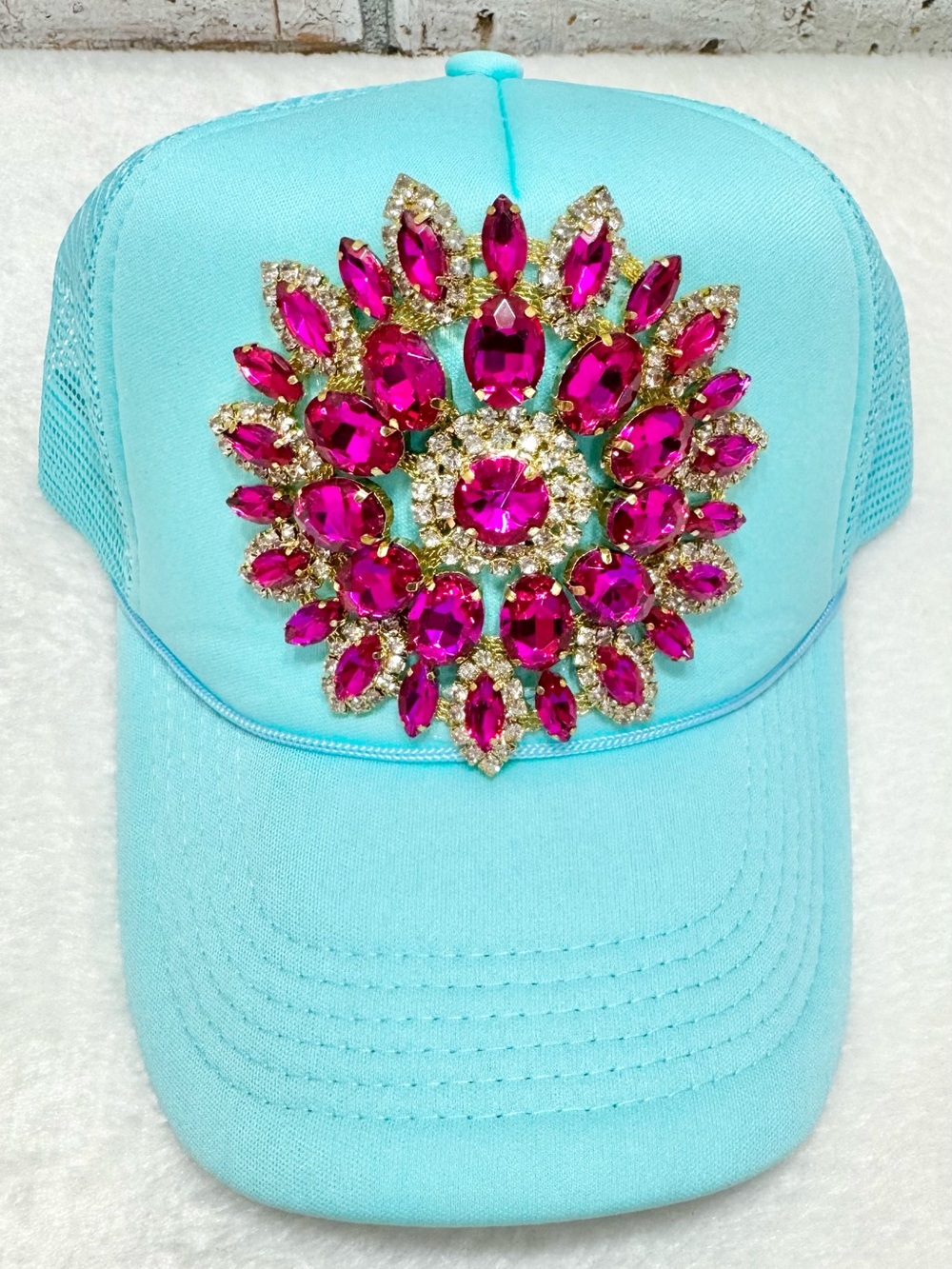 Aqua Pink Crystal Embellished Bling Festival Trucker Cap